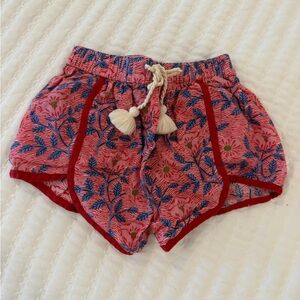 Pink Chicken Red Floral Shorts with Blue Leaf Print and Cream Tassel